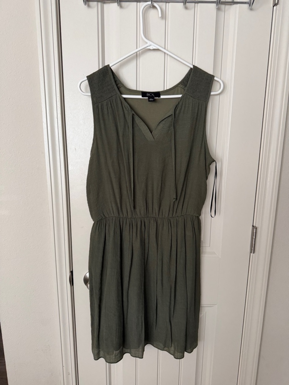 BCX Olive Green Sleeveless V-Neck Drawstring Mini Dress